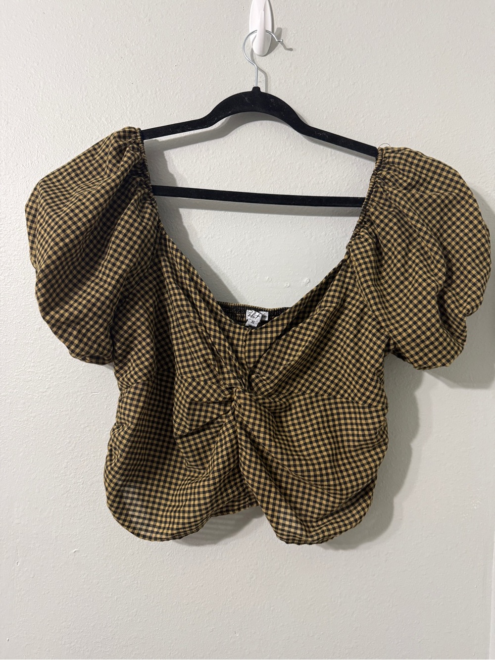 Rabbit Rose Puff Sleeve Knot Front Cute Fall Gingham Top XL Black/Mustard